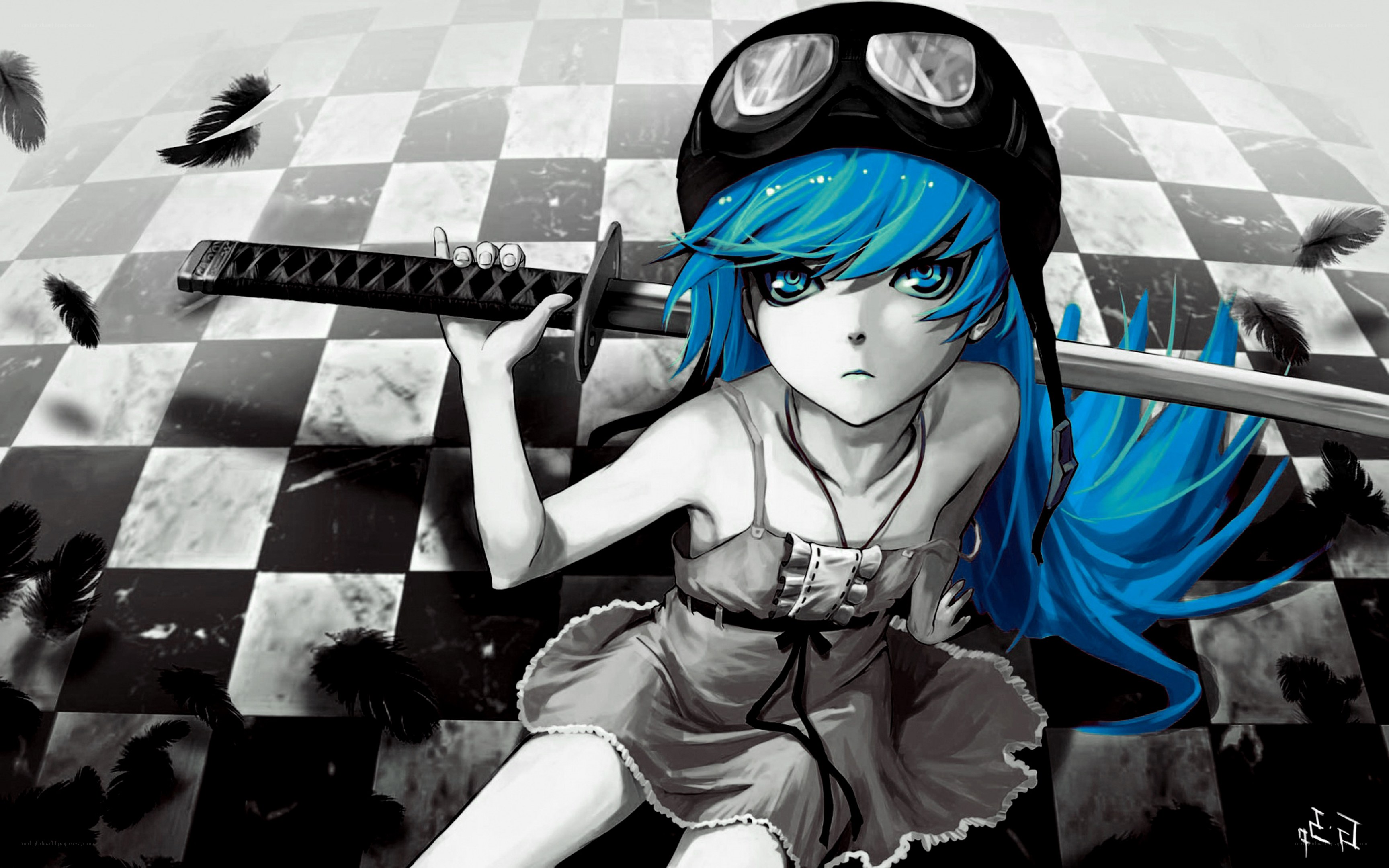 Blue-haired girl with sword