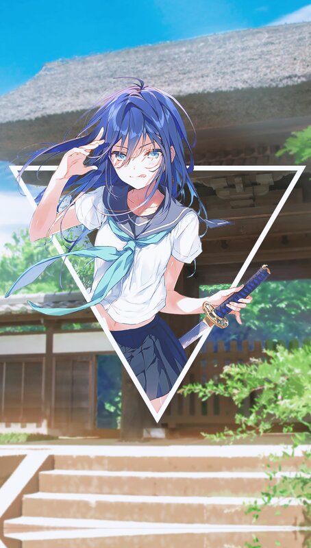 Blue-haired Girl with Sword — Blue, Calm, Afternoon, Anime, School Uniform