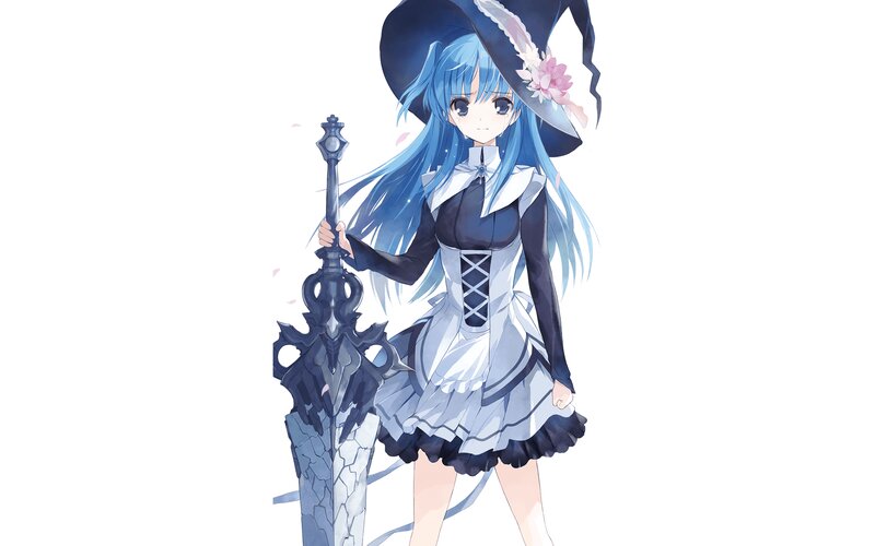 Blue-haired Girl with Sword — Blue, Calm, Anime, Hat