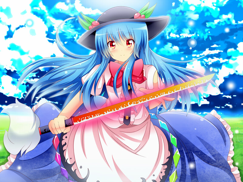 Blue-haired Girl with Sword — Blue, Dramatic, Afternoon, Anime, Hat