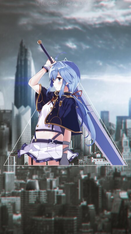 Blue-haired Girl with Sword — Blue, Dramatic, Anime, Cityscape
