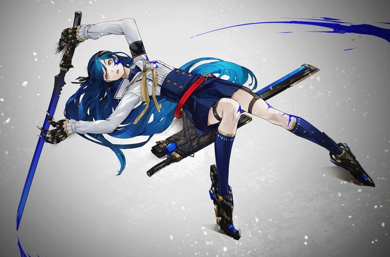 Blue-haired Girl with Sword — Blue, Dramatic, Anime, Gun