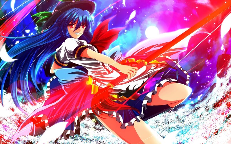 Blue-haired Girl with Sword — Blue, Dramatic, Anime, Hat, Cape