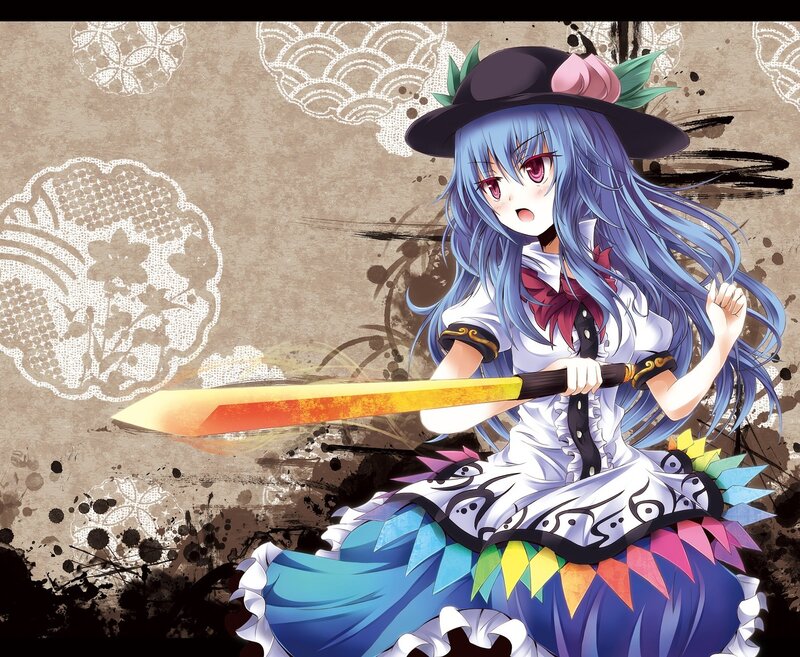 Blue-haired Girl with Sword — Blue, Dramatic, Anime, Hat, Dress