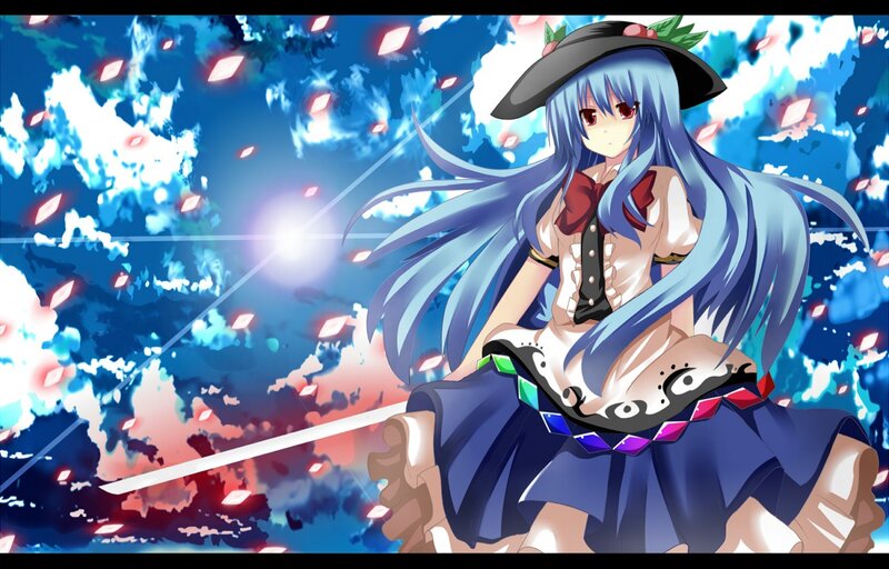 Blue-haired Girl with Sword — Blue, Dramatic, Anime, Hat, Skirt