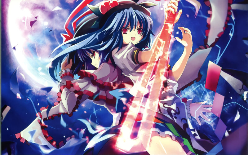 Blue-haired Girl with Sword — Blue, Dramatic, Anime, Hat