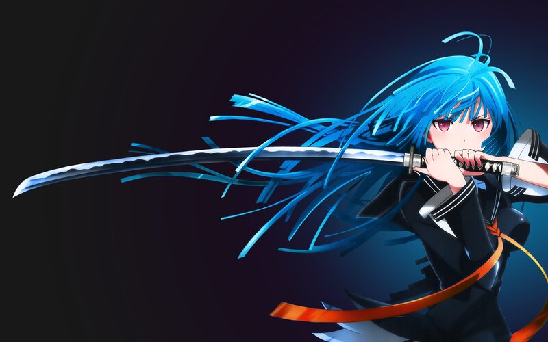 Blue-haired Girl with Sword — Blue, Dramatic, Anime, School Uniform, Ribbon