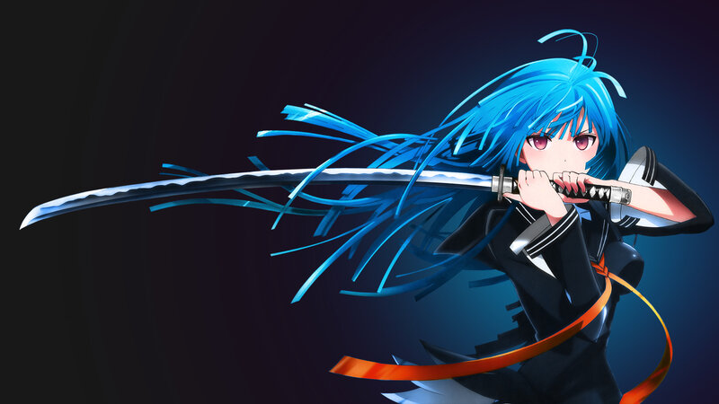 Blue-haired Girl with Sword — Blue, Dramatic, Anime, School Uniform