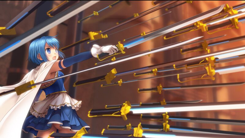 Blue-haired Girl with Sword — Blue, Dramatic, Anime, Swords, Sword Rack, White Cape