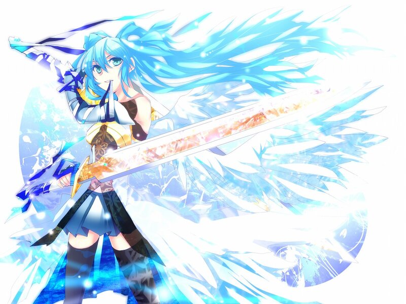 Blue-haired Girl with Sword — Blue, Dramatic, Anime, Wings, Energy