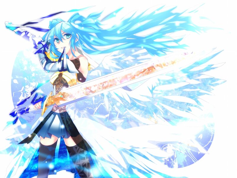 Blue-haired Girl with Sword — Blue, Dramatic, Anime, Wings