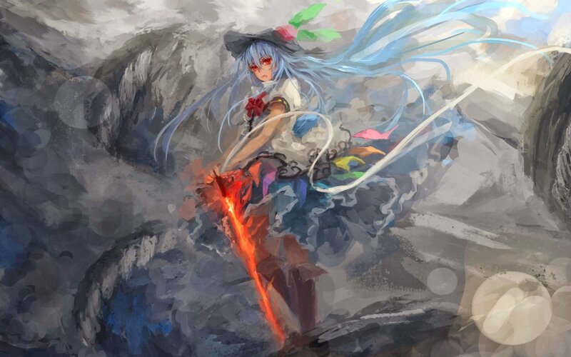 Blue-haired Girl with Sword — Blue, Dramatic, Digital Art, Hat