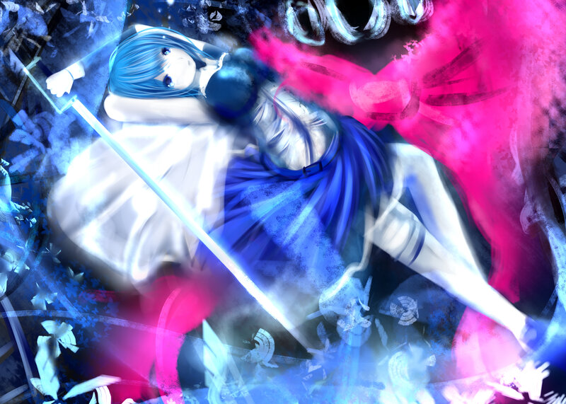 Blue-haired Girl with Sword — Blue, Dramatic, Intense
