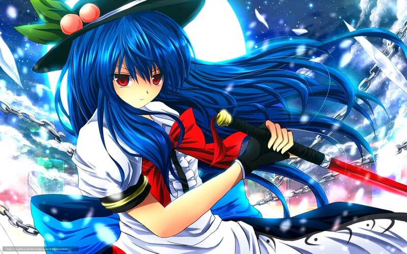 Blue-haired Girl with Sword — Blue, Dramatic, Night, Anime, Chains, Hat