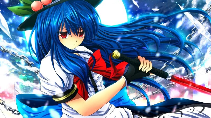 Blue-haired Girl with Sword — Blue, Dramatic, Night, Anime, Chains