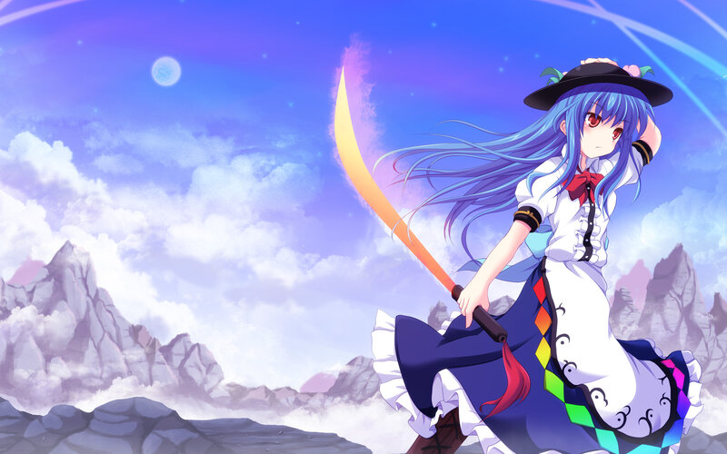 Blue-haired Girl with Sword — Blue, Dramatic, Night, Anime, Hat