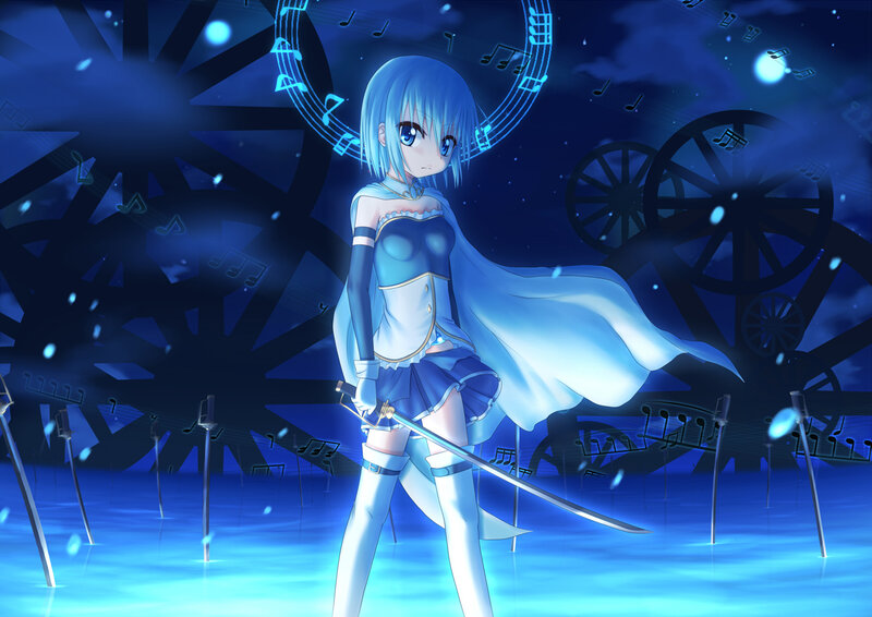 Blue-haired Girl with Sword — Blue, Dramatic, Night, Anime, Music Notes