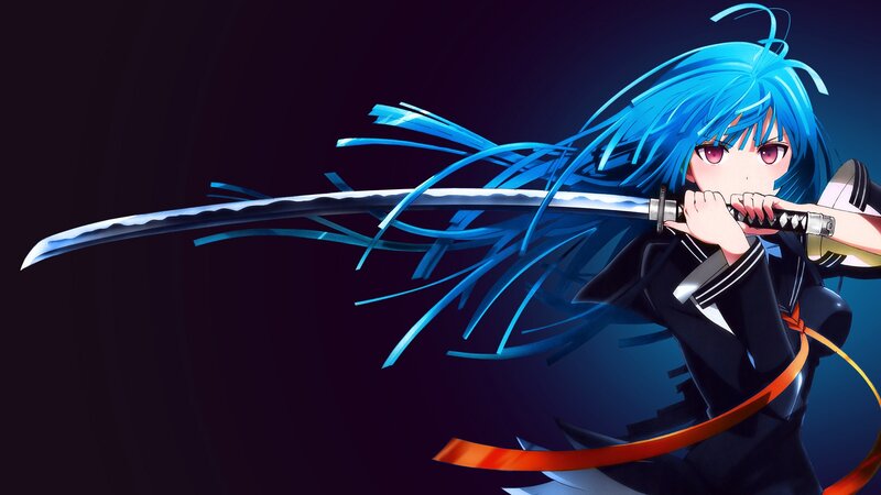 Blue-haired Girl with Sword — Blue, Dramatic, Night, Anime, School Uniform