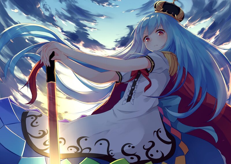 Blue-haired Girl with Sword — Blue, Dramatic, Sunset, Anime