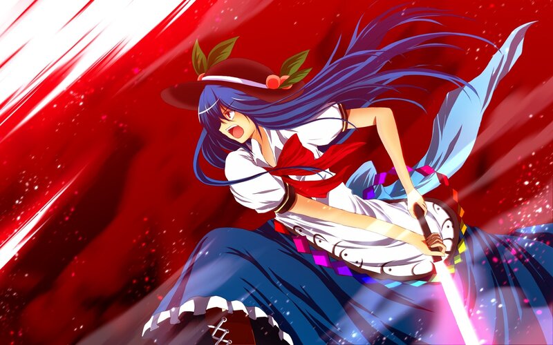 Blue-haired Girl with Sword — Red, Dramatic, Anime