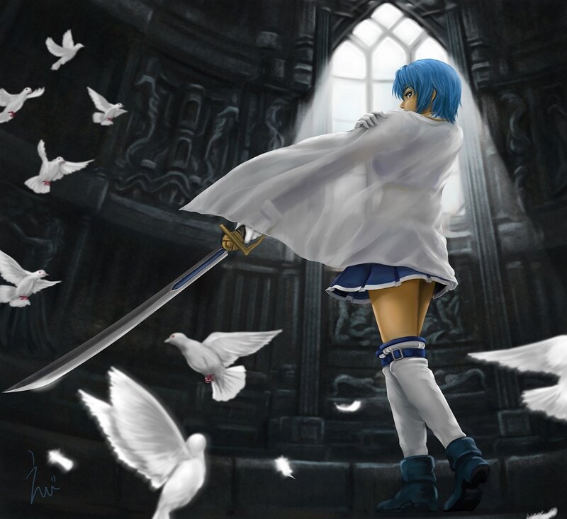 Blue-haired Girl with Sword — White, Dramatic, Digital Art