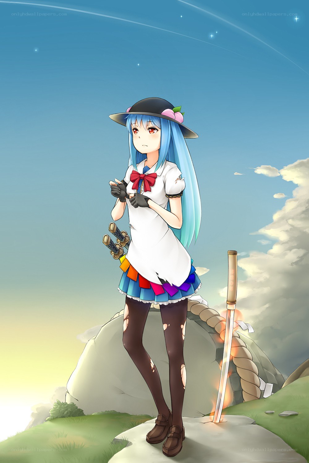 blue-haired girl with swords