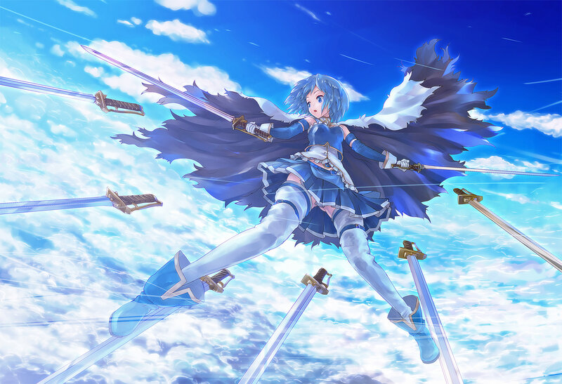 Blue-haired Girl with Swords — Blue, Dramatic, Afternoon