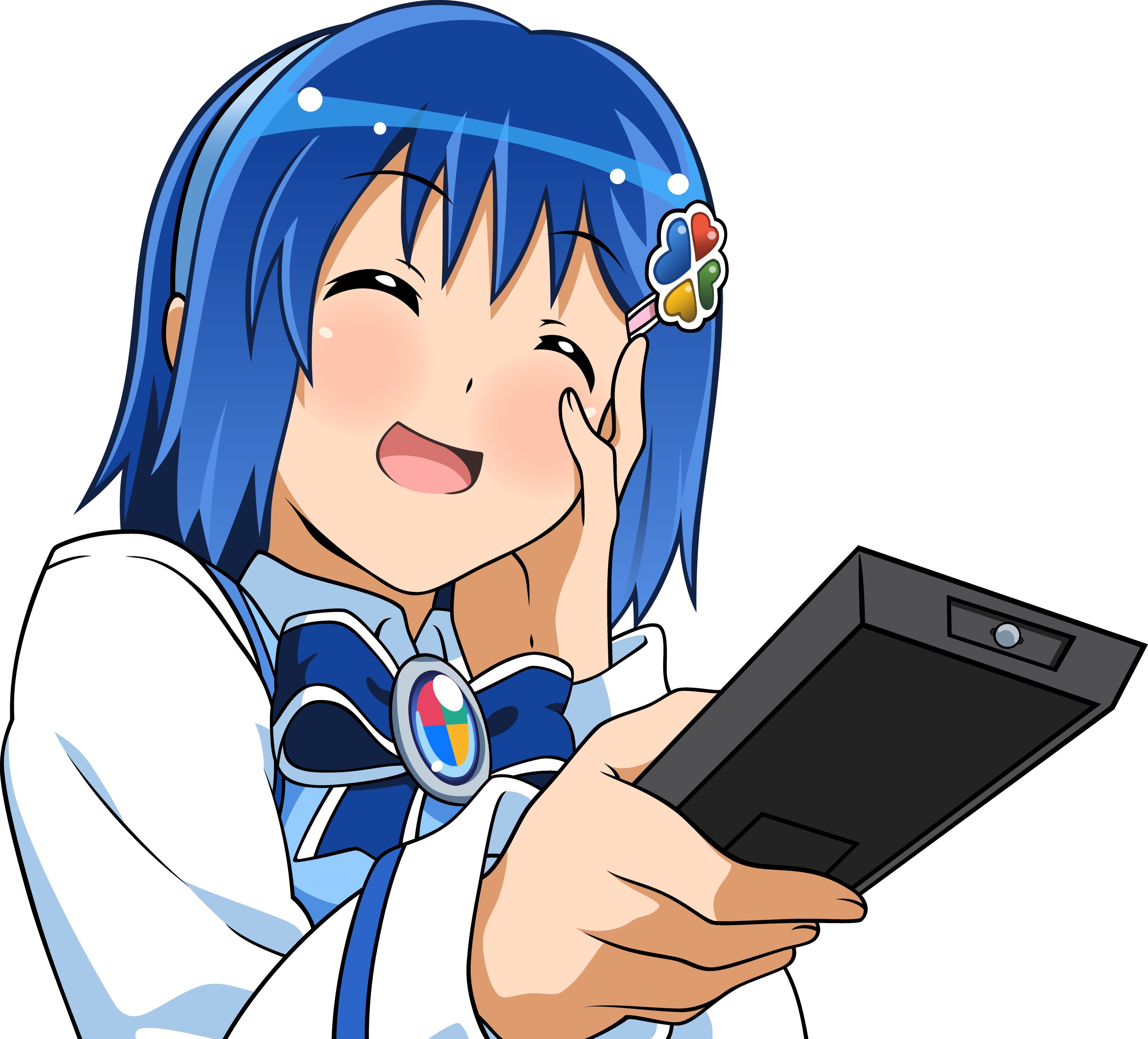 blue-haired girl with tablet