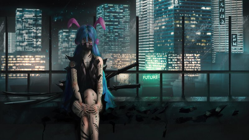 Blue-haired Girl with Tattoos