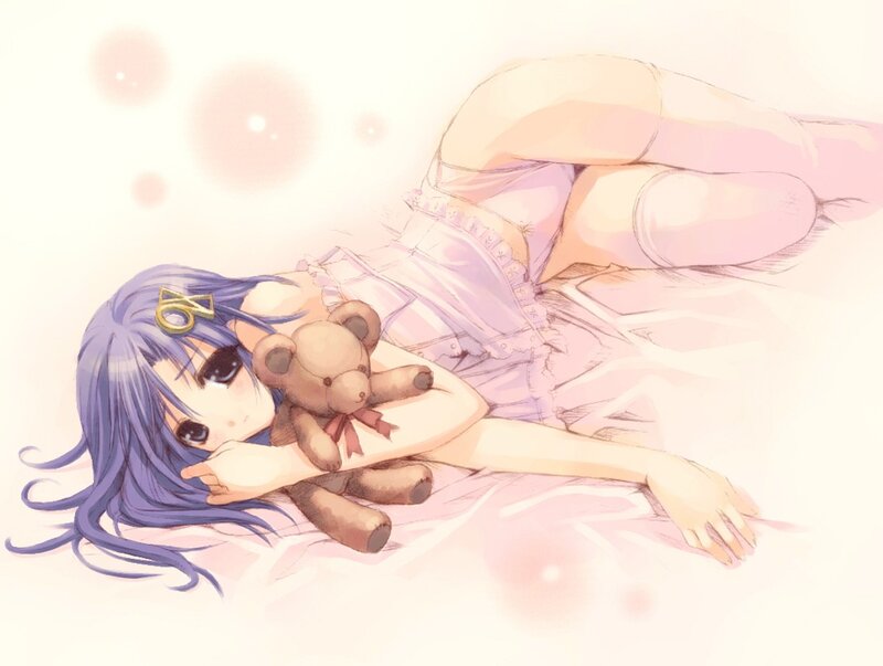 Blue-haired girl with teddy bear