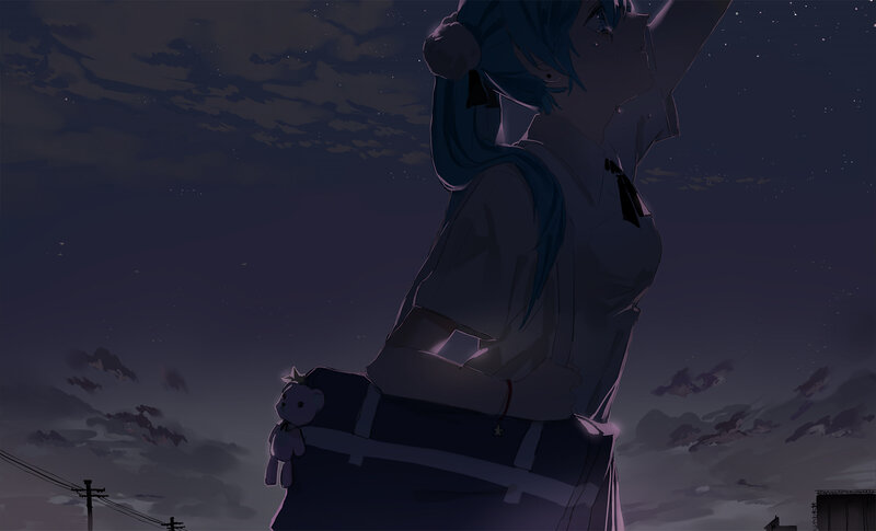 Blue-haired Girl with Teddy Bear — Purple