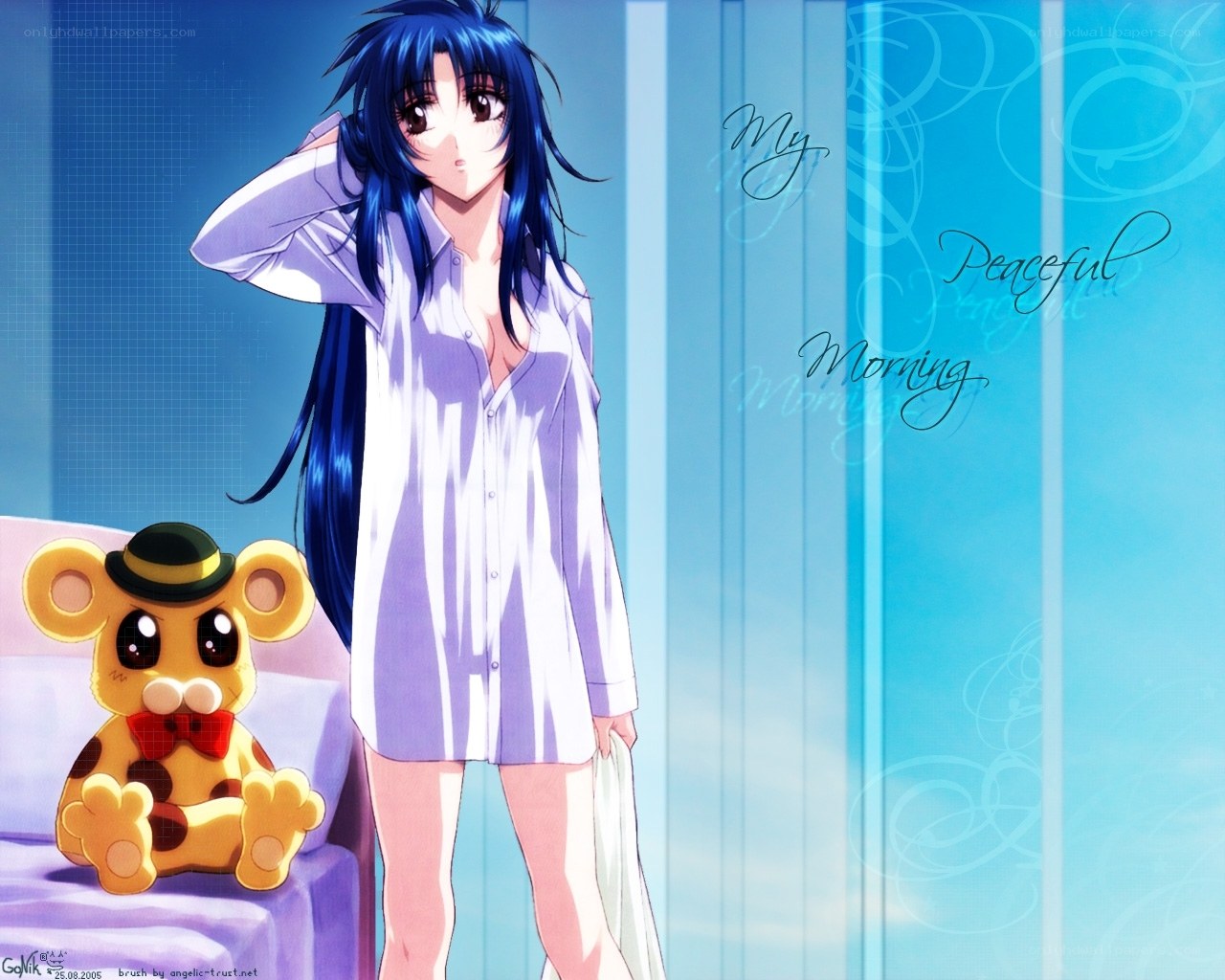 blue-haired girl with teddy bear