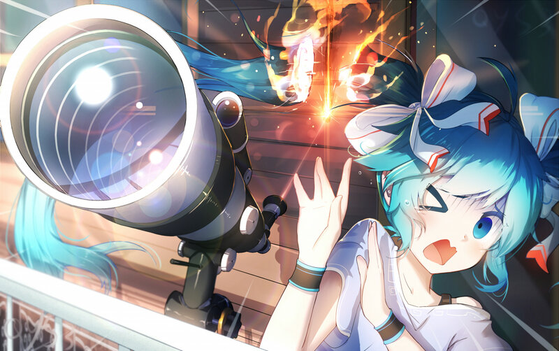 Blue-haired Girl with Telescope — Blue, Dramatic, Night