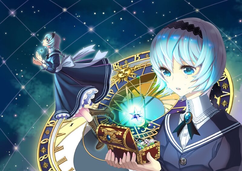 blue-haired girl with treasure chest