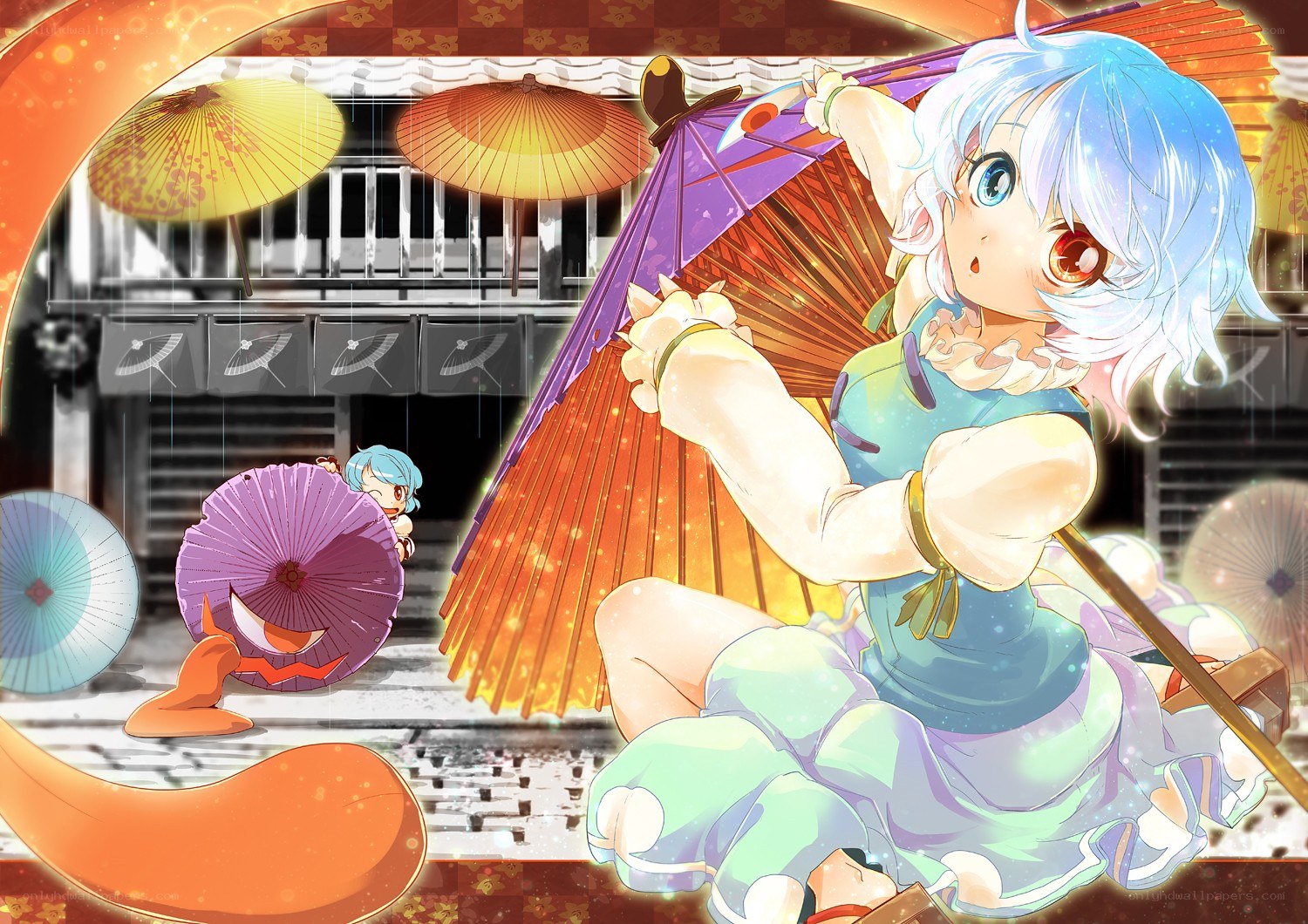 Blue-haired girl with umbrella