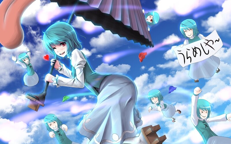 Blue-haired girl with umbrella