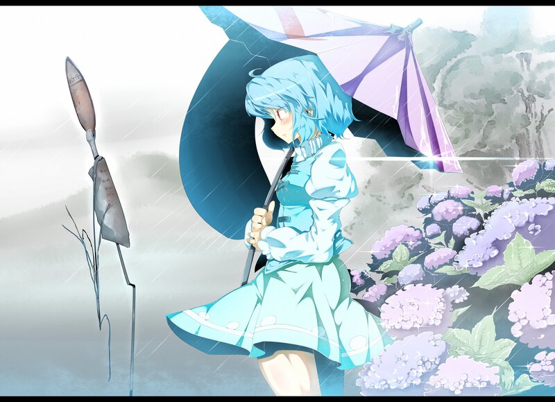 Blue-haired girl with umbrella