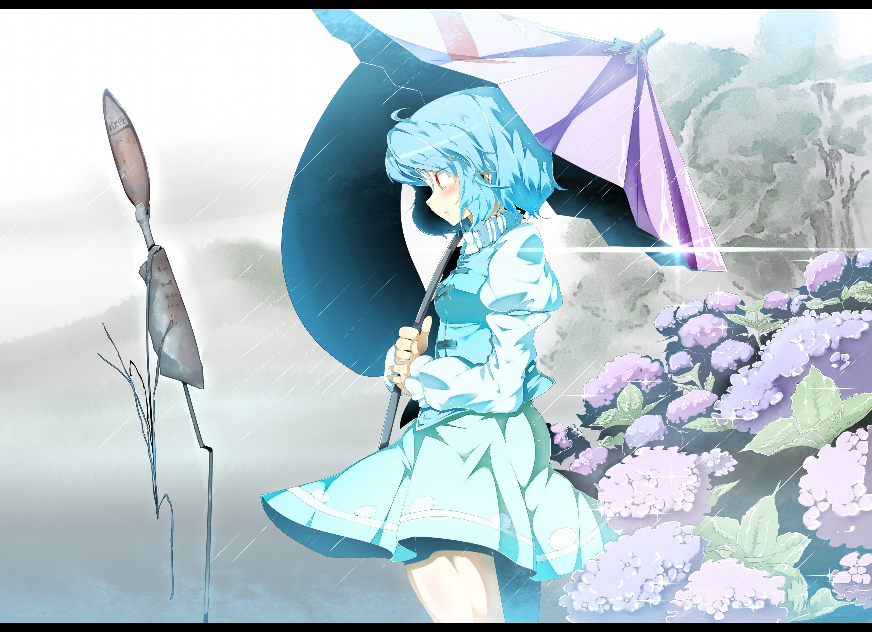 Blue-haired girl with umbrella