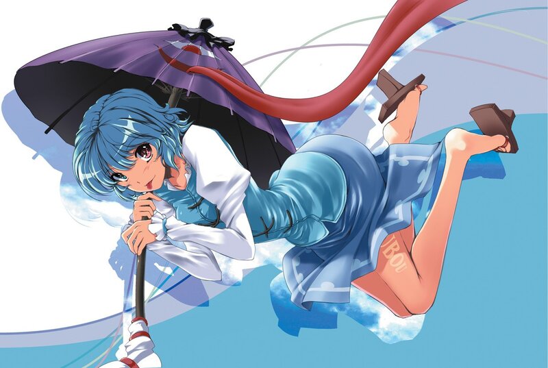 blue-haired girl with umbrella