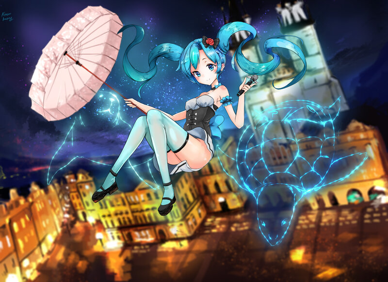 Blue-haired Girl with Umbrella — Blue, Dramatic, Night, Digital Art, Microphone