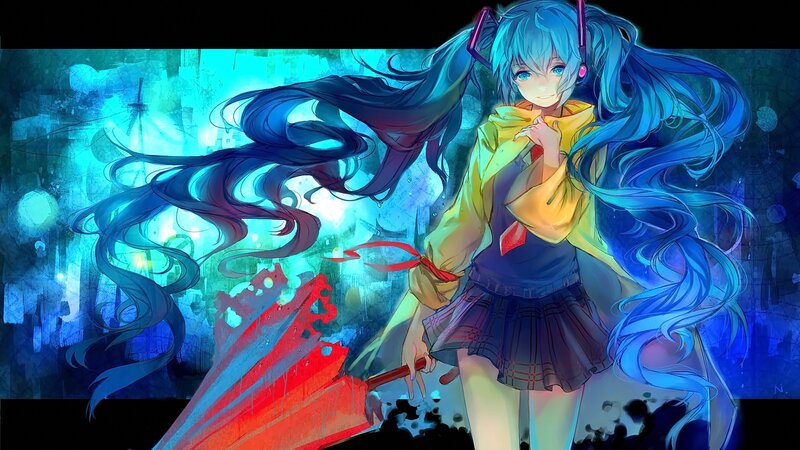 Blue-haired Girl with Umbrella — Blue, Dramatic, Night, Digital Art