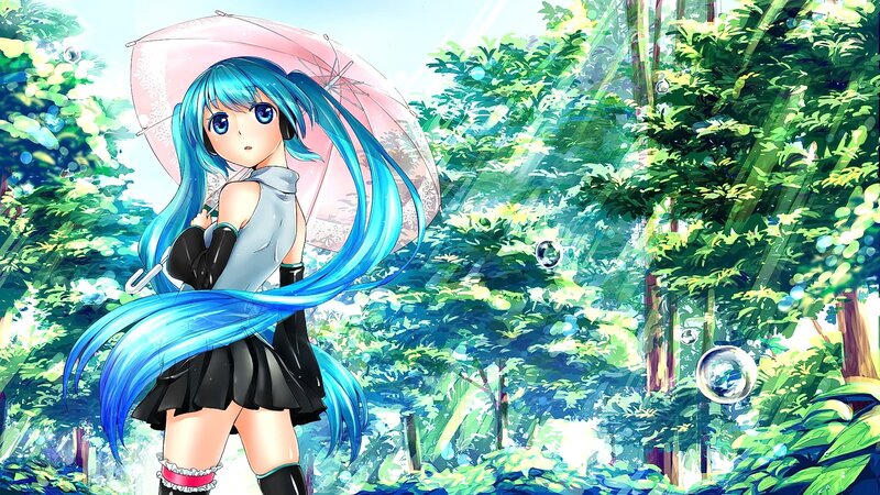 Blue-haired Girl with Umbrella — Blue, Serene, Afternoon, Anime, Forest