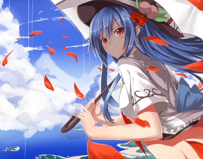 Blue-haired Girl with Umbrella — Blue, Serene, Afternoon, Anime, Petals