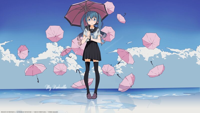Blue-haired Girl with Umbrella — Blue, Serene, Afternoon, Anime