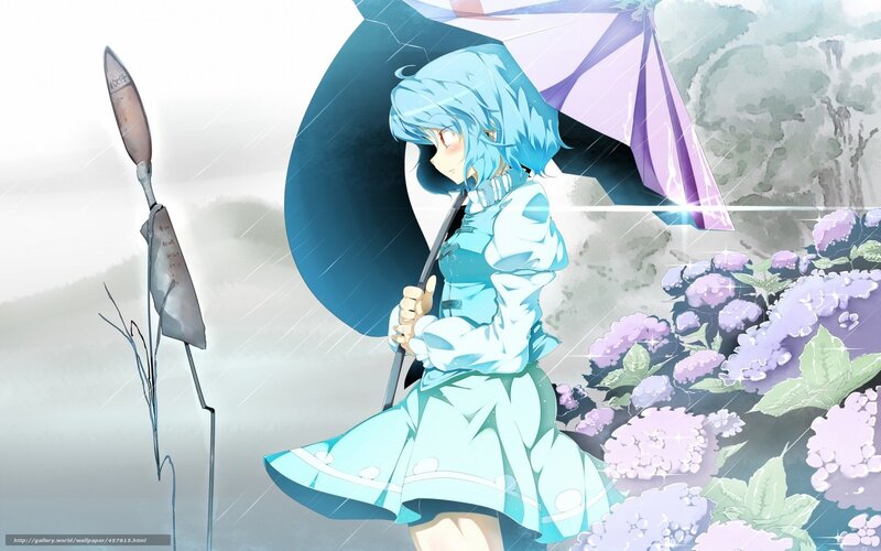 Blue-haired Girl with Umbrella — Blue, Serene, Spring, Anime, Flowers