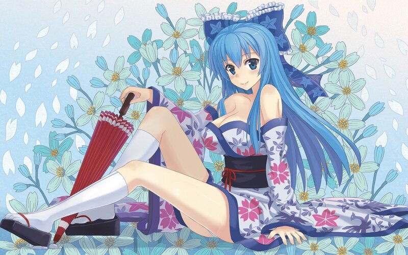 Blue-haired Girl with Umbrella — Blue, Serene, Spring, Anime