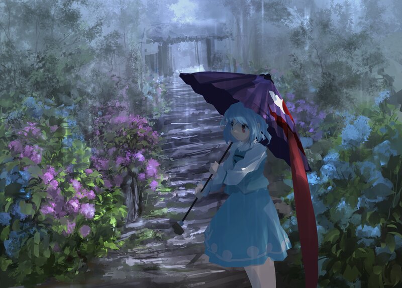 Blue-haired Girl with Umbrella — Blue, Serene, Spring, Digital Art, Flowers
