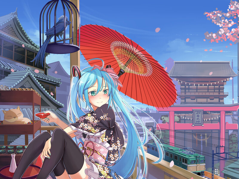 Blue-haired Girl with Umbrella — Blue, Serene