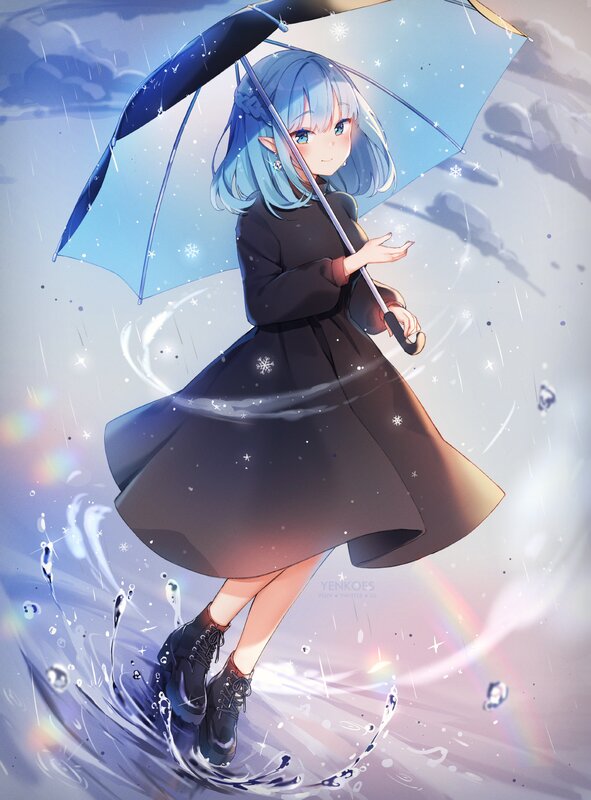 Blue-haired Girl with Umbrella — Blue, Serene, Winter, Digital Art