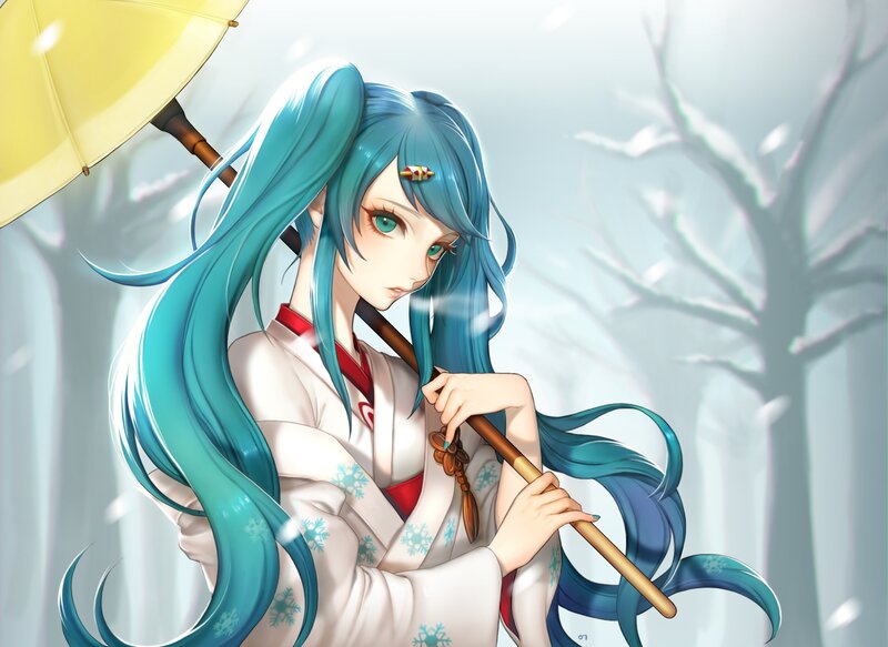 Blue-haired Girl with Umbrella — Blue, Serene, Winter